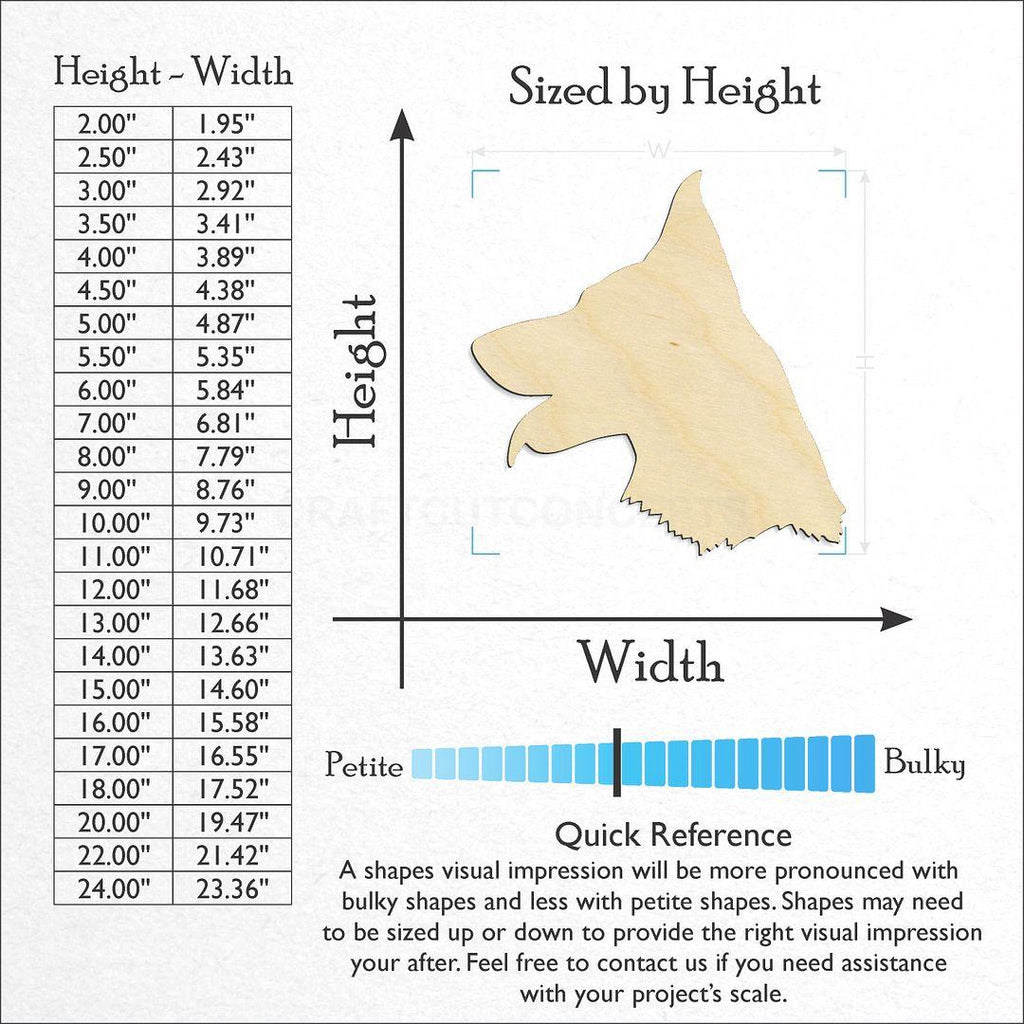 Sizes available for a laser cut German Shepard Head craft blank