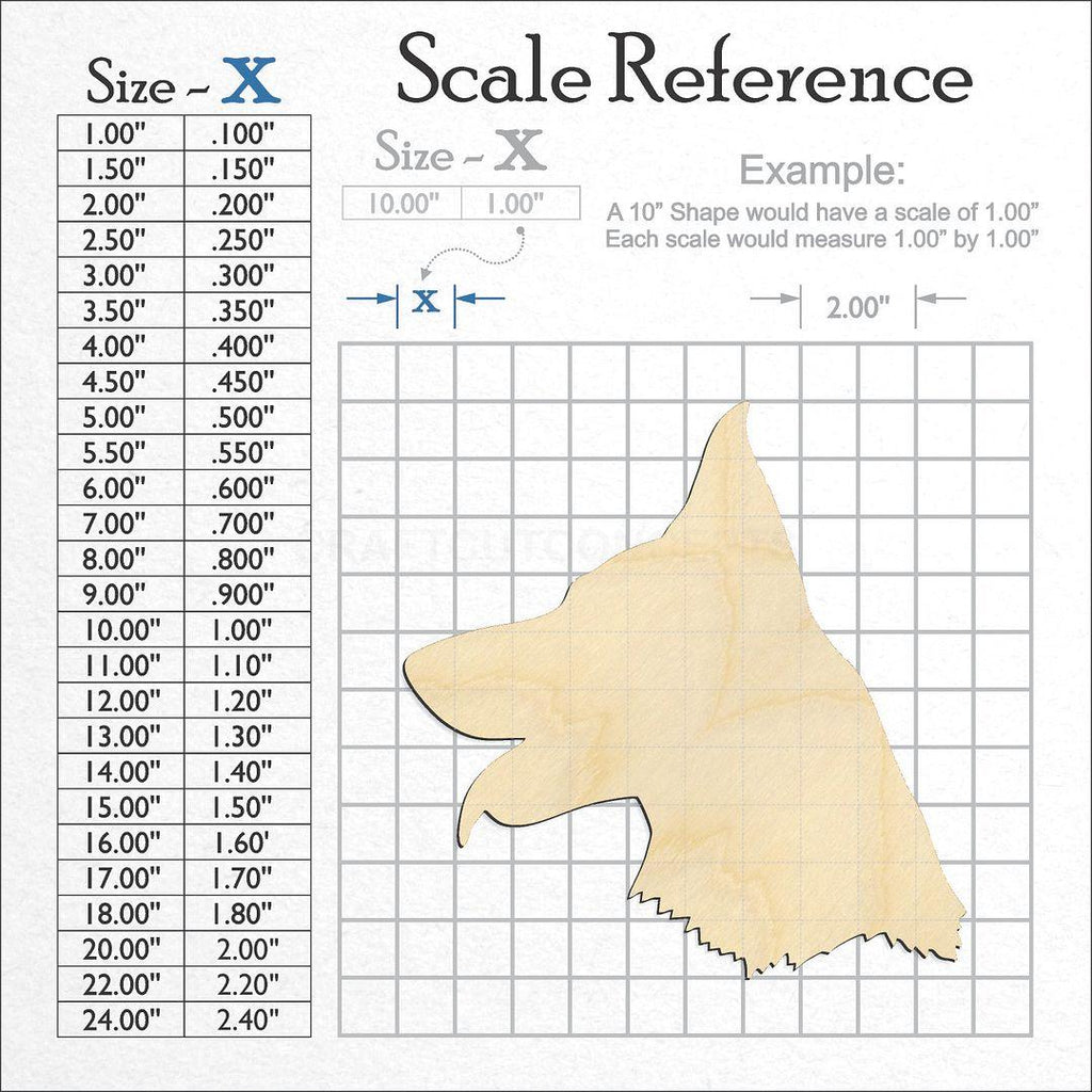 A scale and graph image showing a wood German Shepard Head craft blank