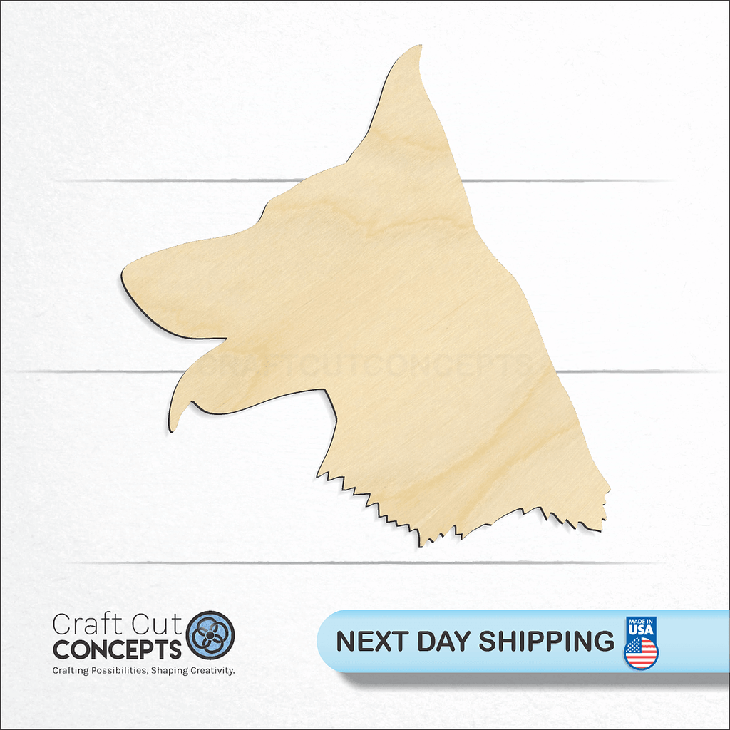 Craft Cut Concepts logo and next day shipping banner with an unfinished wood German Shepard Head craft shape and blank