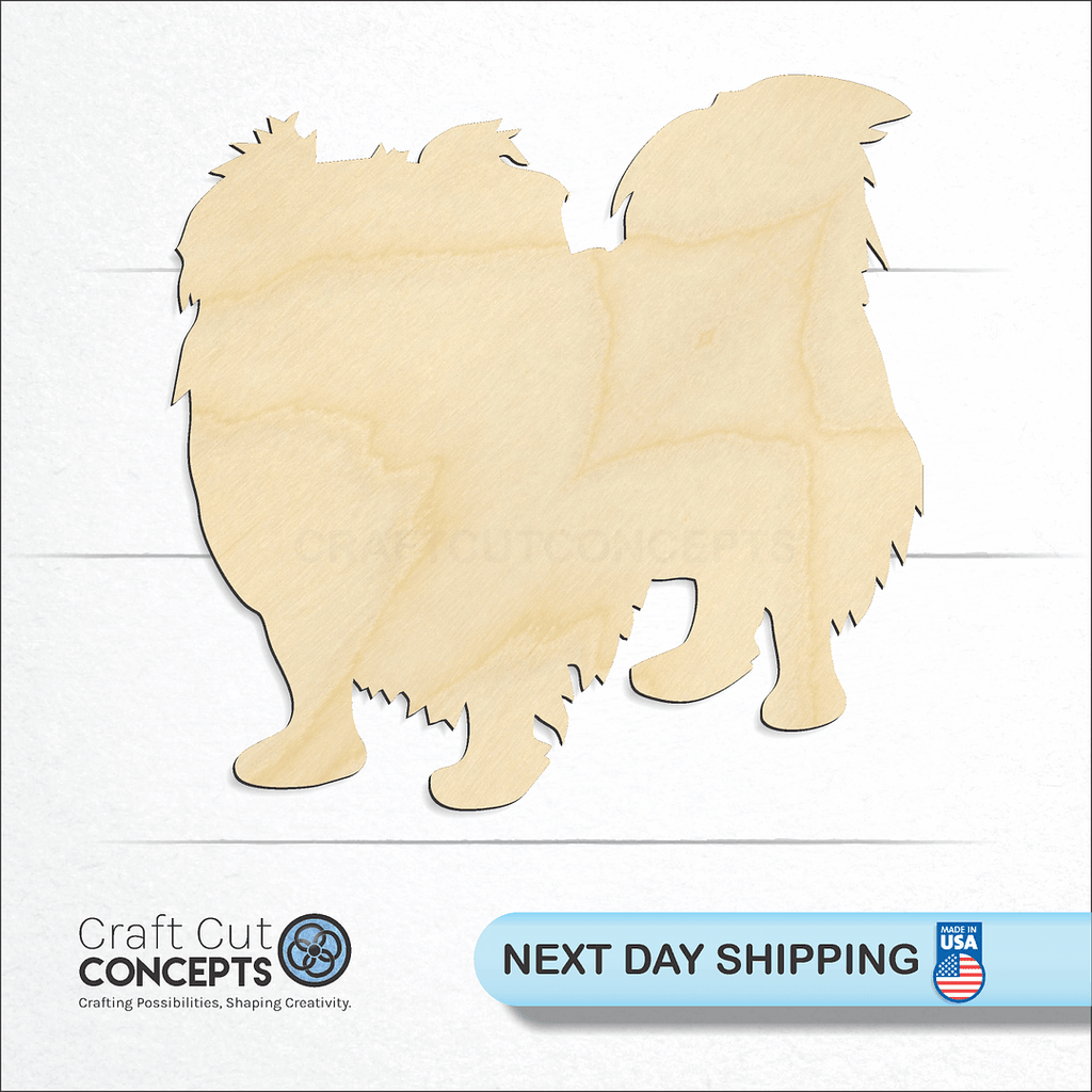 Craft Cut Concepts logo and next day shipping banner with an unfinished wood Pekingese craft shape and blank