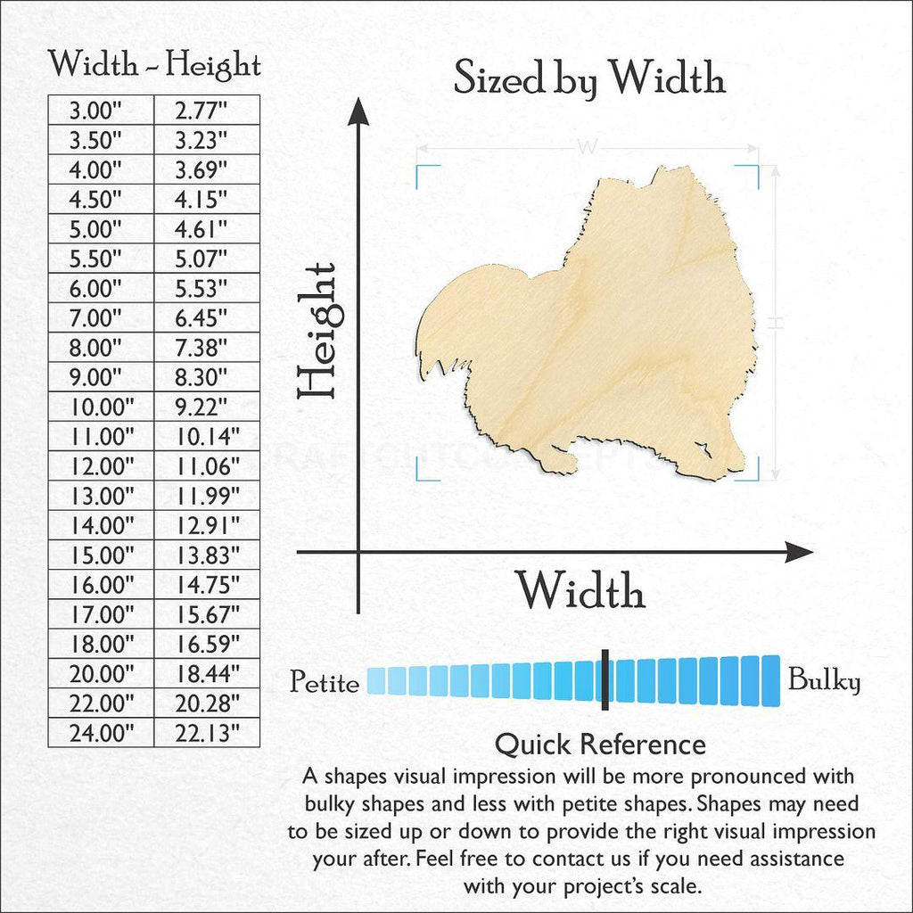 Sizes available for a laser cut Pomeranian craft blank