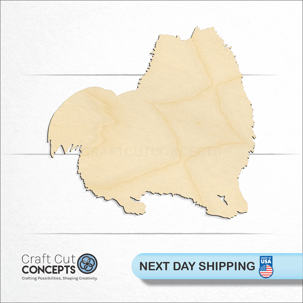 Craft Cut Concepts logo and next day shipping banner with an unfinished wood Pomeranian craft shape and blank