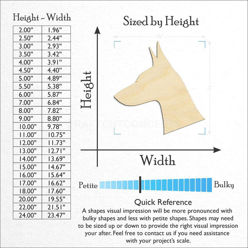 Sizes available for a laser cut Doberman Head craft blank