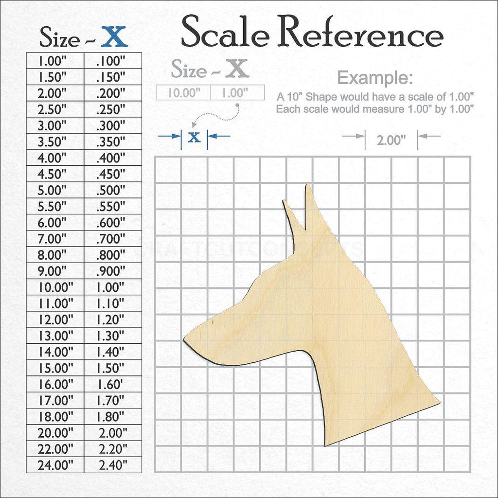 A scale and graph image showing a wood Doberman Head craft blank