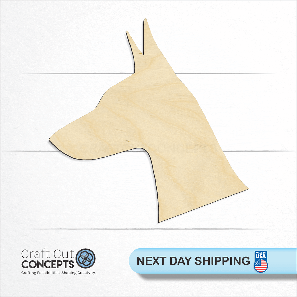 Craft Cut Concepts logo and next day shipping banner with an unfinished wood Doberman Head craft shape and blank