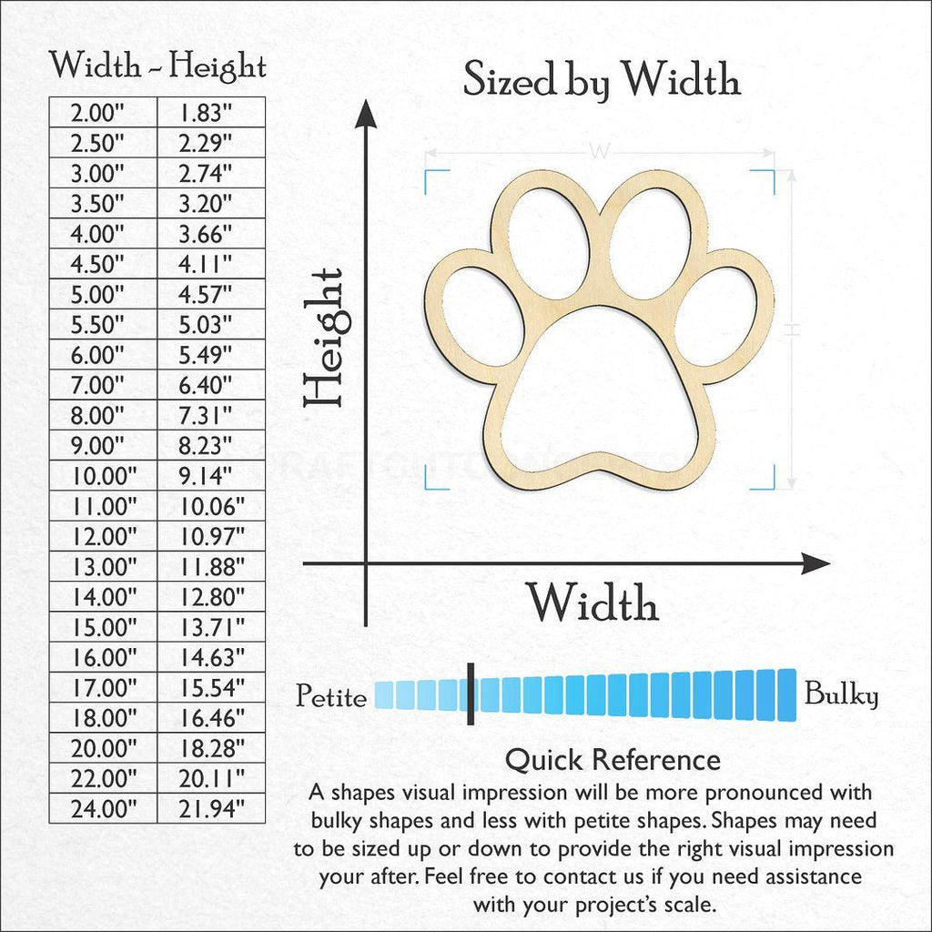 Sizes available for a laser cut Paw Outline craft blank