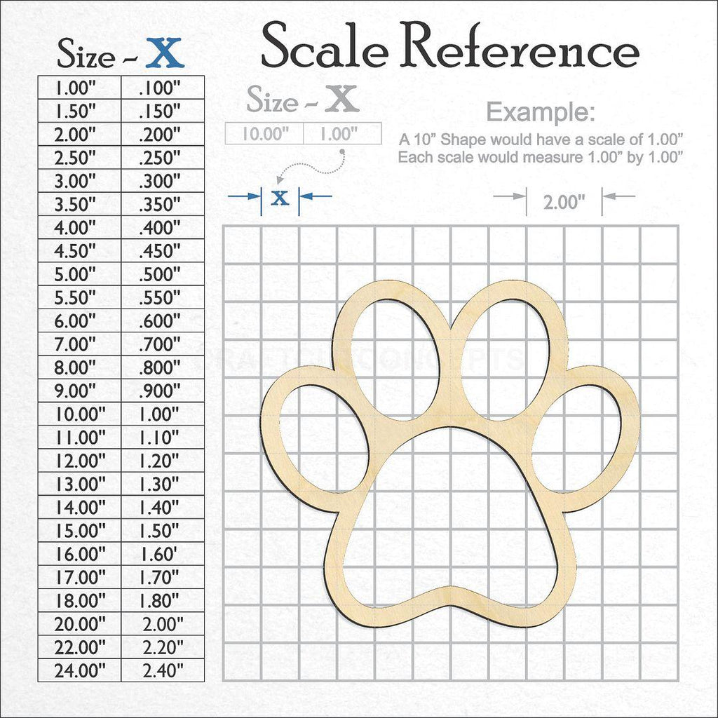 A scale and graph image showing a wood Paw Outline craft blank