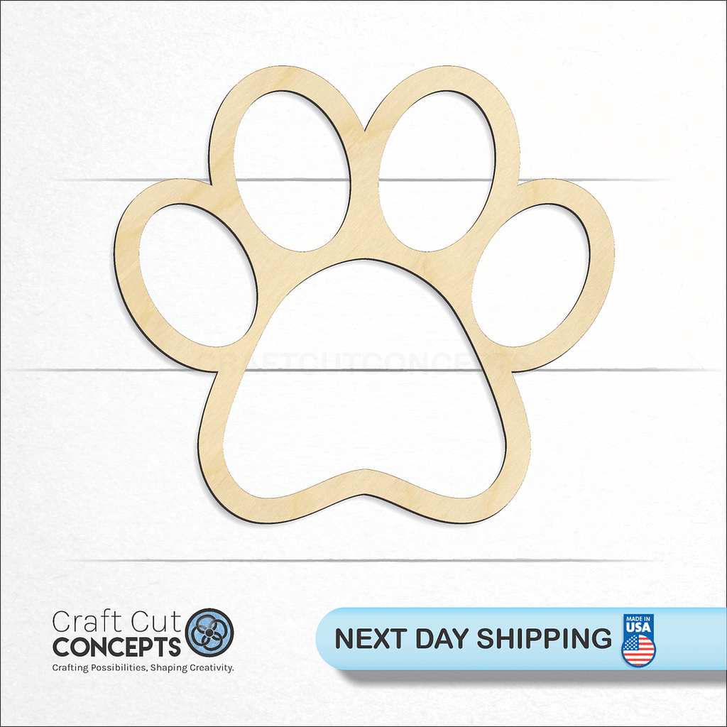 Craft Cut Concepts logo and next day shipping banner with an unfinished wood Paw Outline craft shape and blank