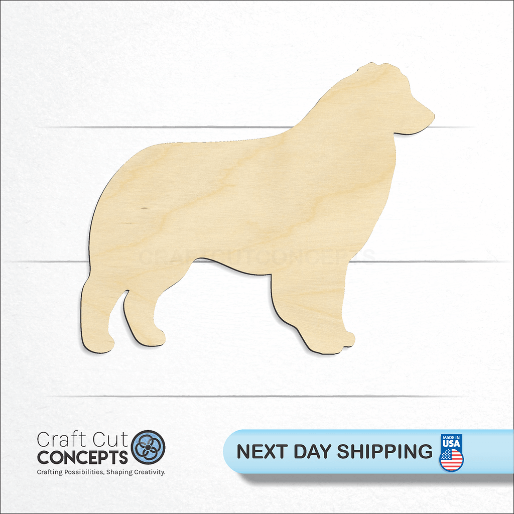 Craft Cut Concepts logo and next day shipping banner with an unfinished wood Australian Sheperd craft shape and blank