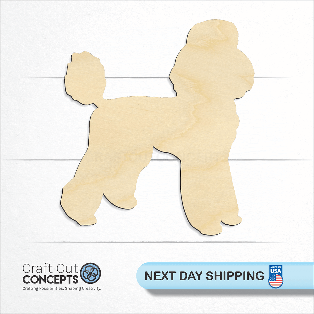 Craft Cut Concepts logo and next day shipping banner with an unfinished wood Poodle craft shape and blank