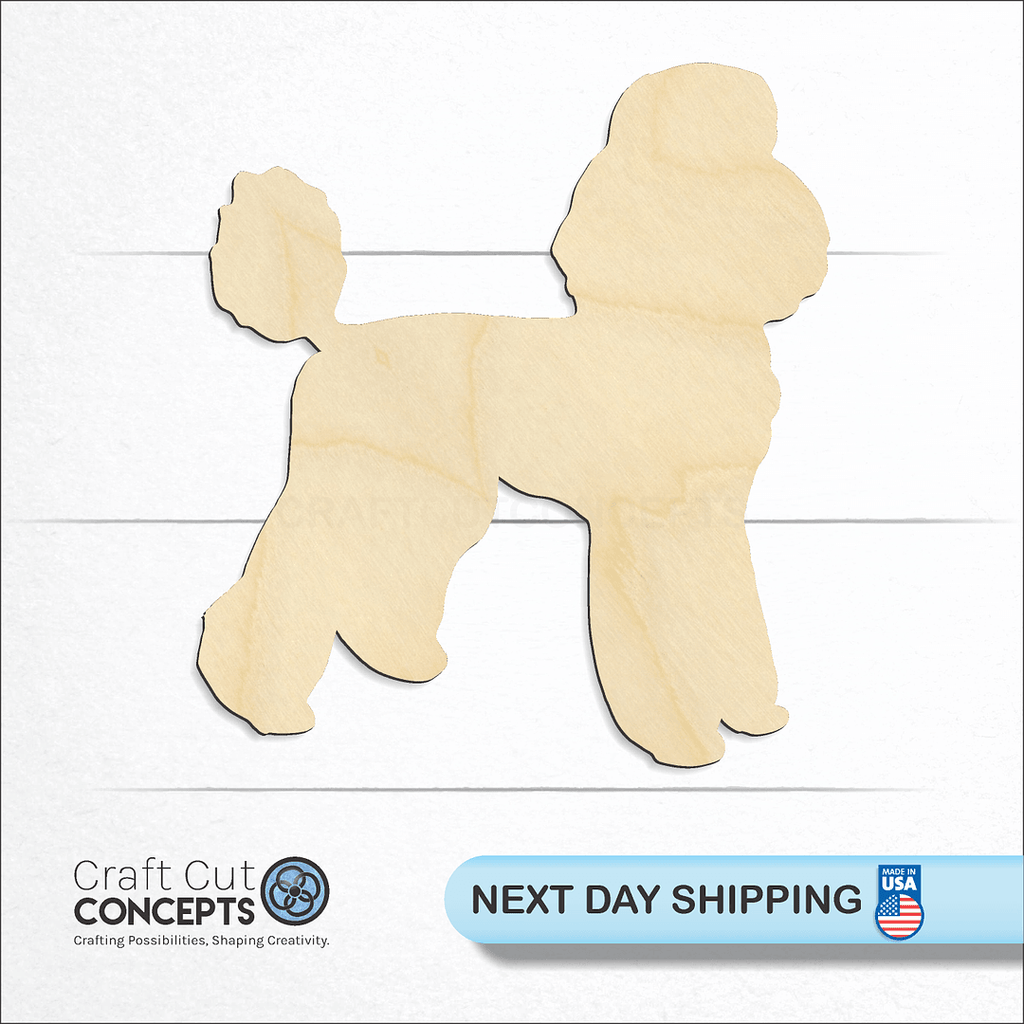 Craft Cut Concepts logo and next day shipping banner with an unfinished wood Poodle craft shape and blank