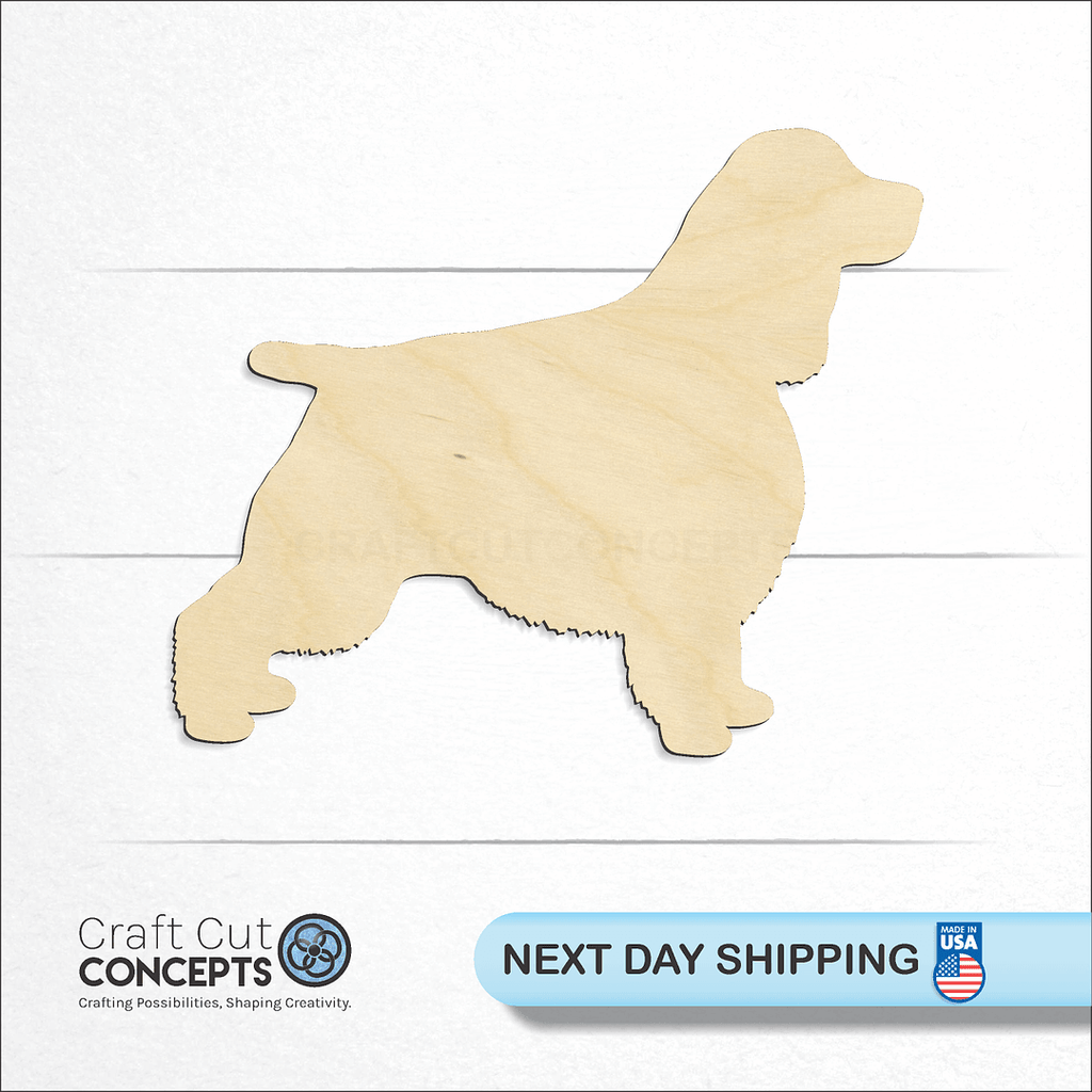 Craft Cut Concepts logo and next day shipping banner with an unfinished wood English Springer Spaniel craft shape and blank