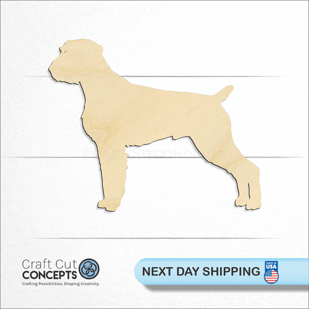 Craft Cut Concepts logo and next day shipping banner with an unfinished wood deutsch drahthaar German Shorthair craft shape and blank