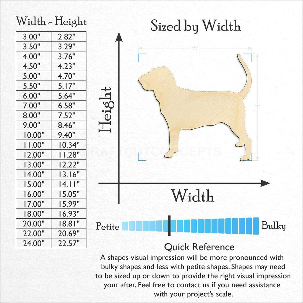 Sizes available for a laser cut Bloodhound craft blank