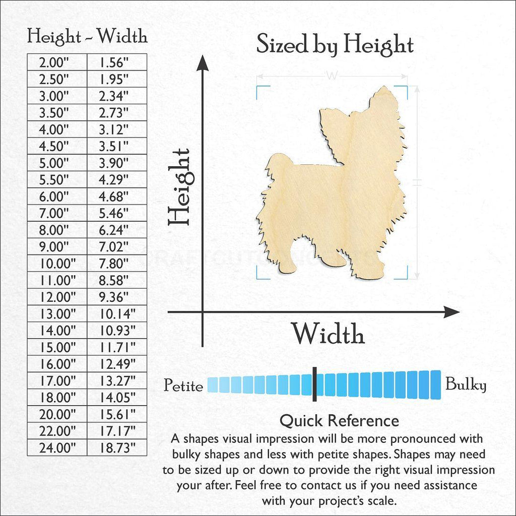 Sizes available for a laser cut Yorkie craft blank