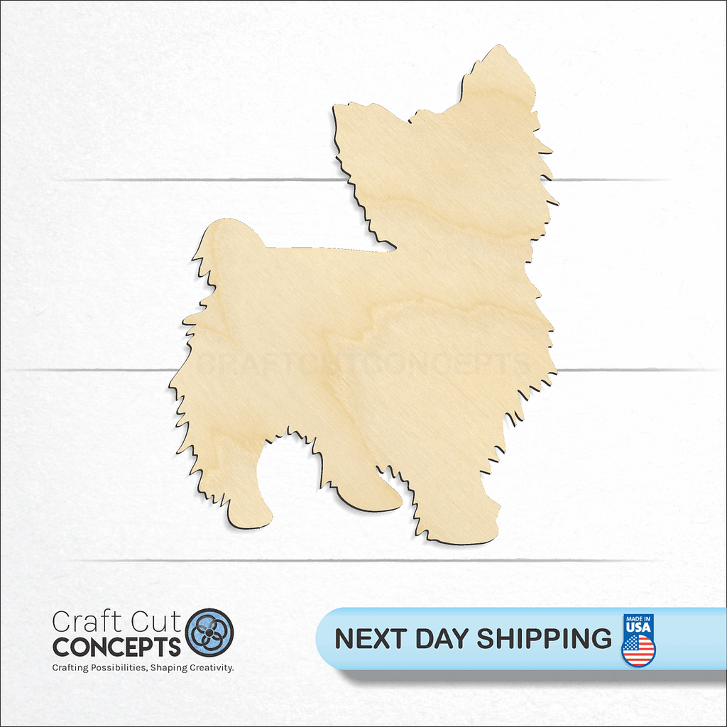 Craft Cut Concepts logo and next day shipping banner with an unfinished wood Yorkie craft shape and blank