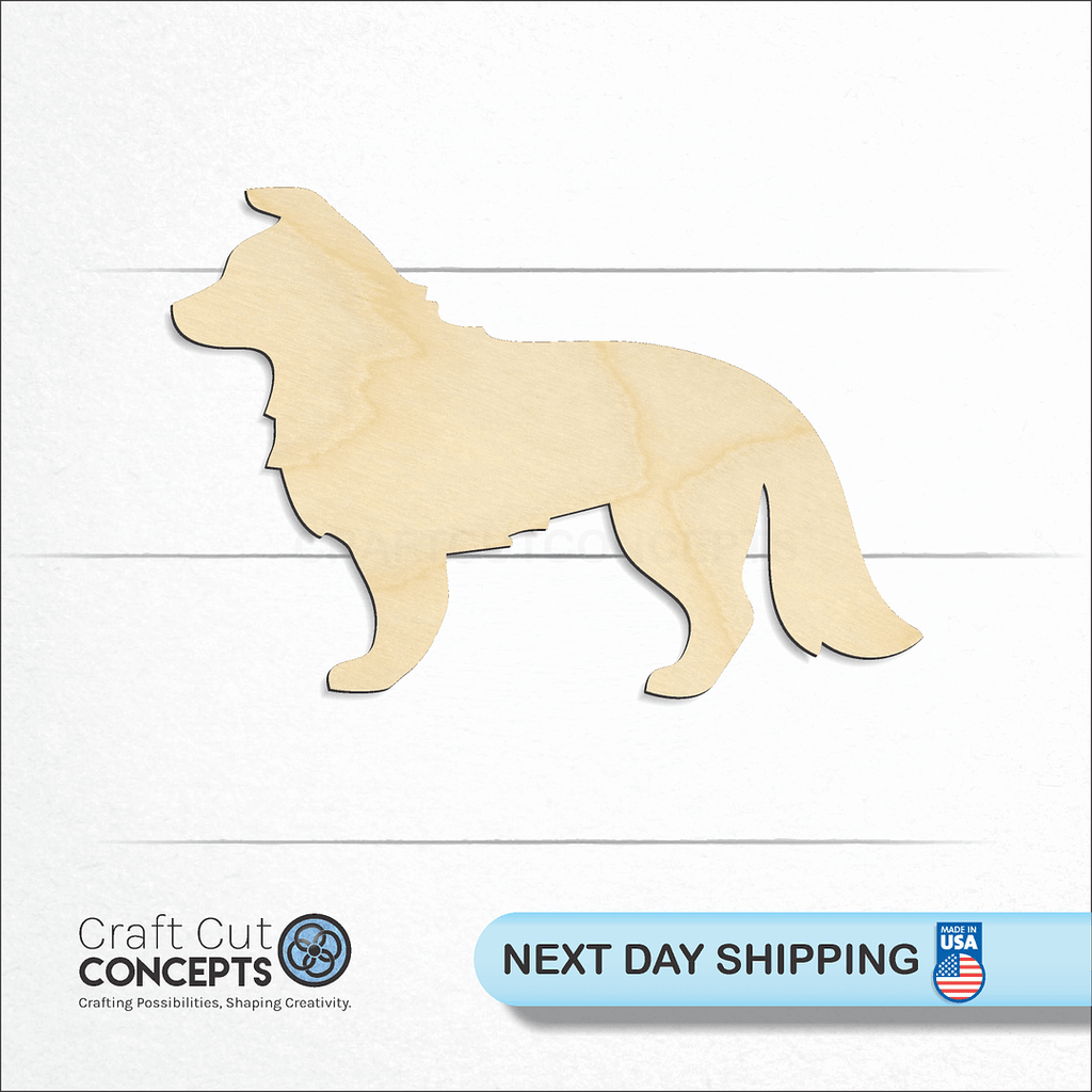 Craft Cut Concepts logo and next day shipping banner with an unfinished wood Border Collie craft shape and blank