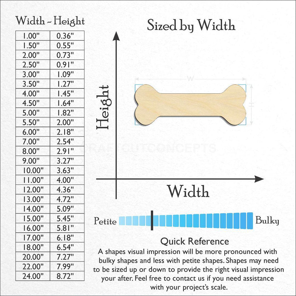 Sizes available for a laser cut Dog Bone craft blank