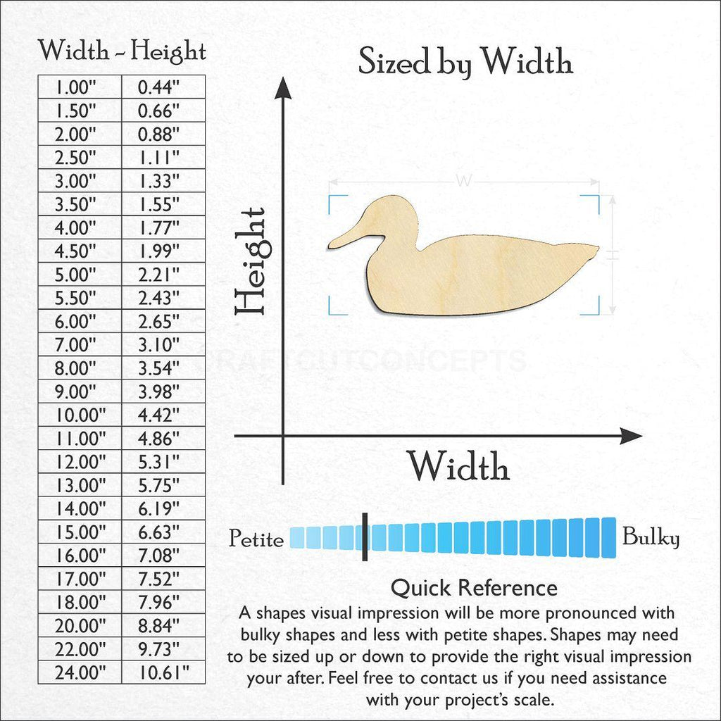 Sizes available for a laser cut Duck on Water craft blank