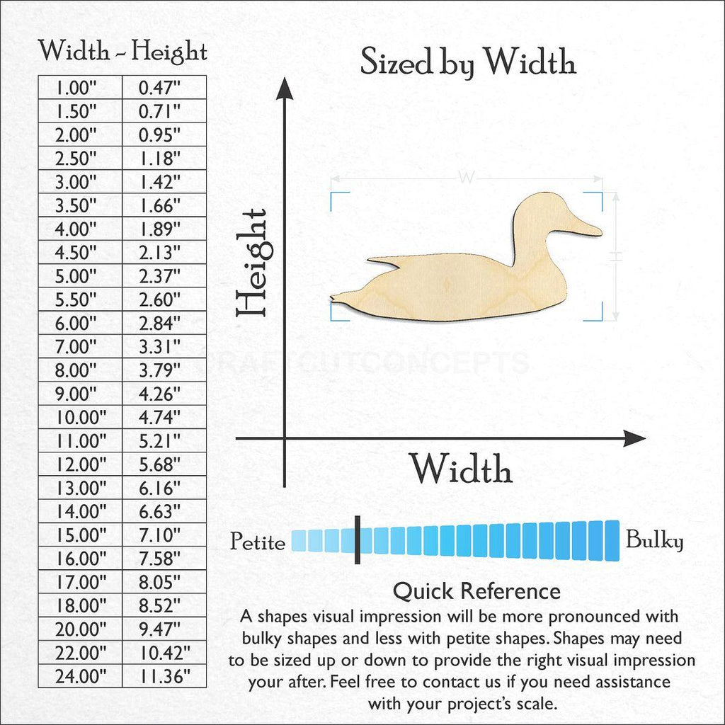 Sizes available for a laser cut Duck on Water craft blank