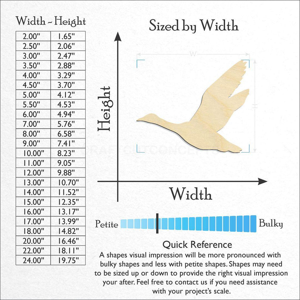 Sizes available for a laser cut Duck Goose Flying craft blank