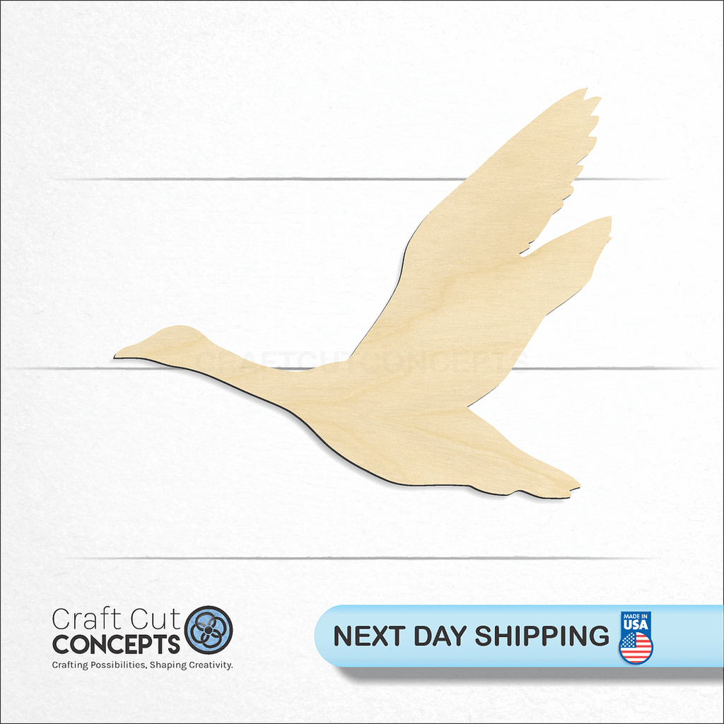 Craft Cut Concepts logo and next day shipping banner with an unfinished wood Duck Goose Flying craft shape and blank