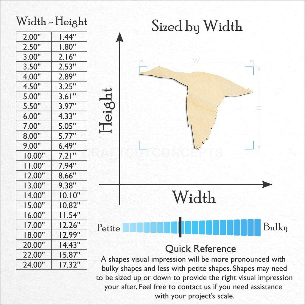 Sizes available for a laser cut Duck Flying craft blank