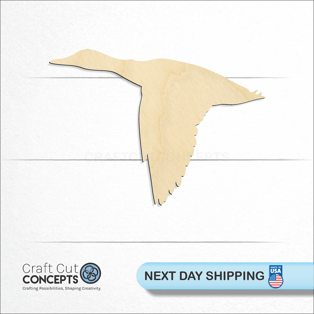 Craft Cut Concepts logo and next day shipping banner with an unfinished wood Duck Flying craft shape and blank