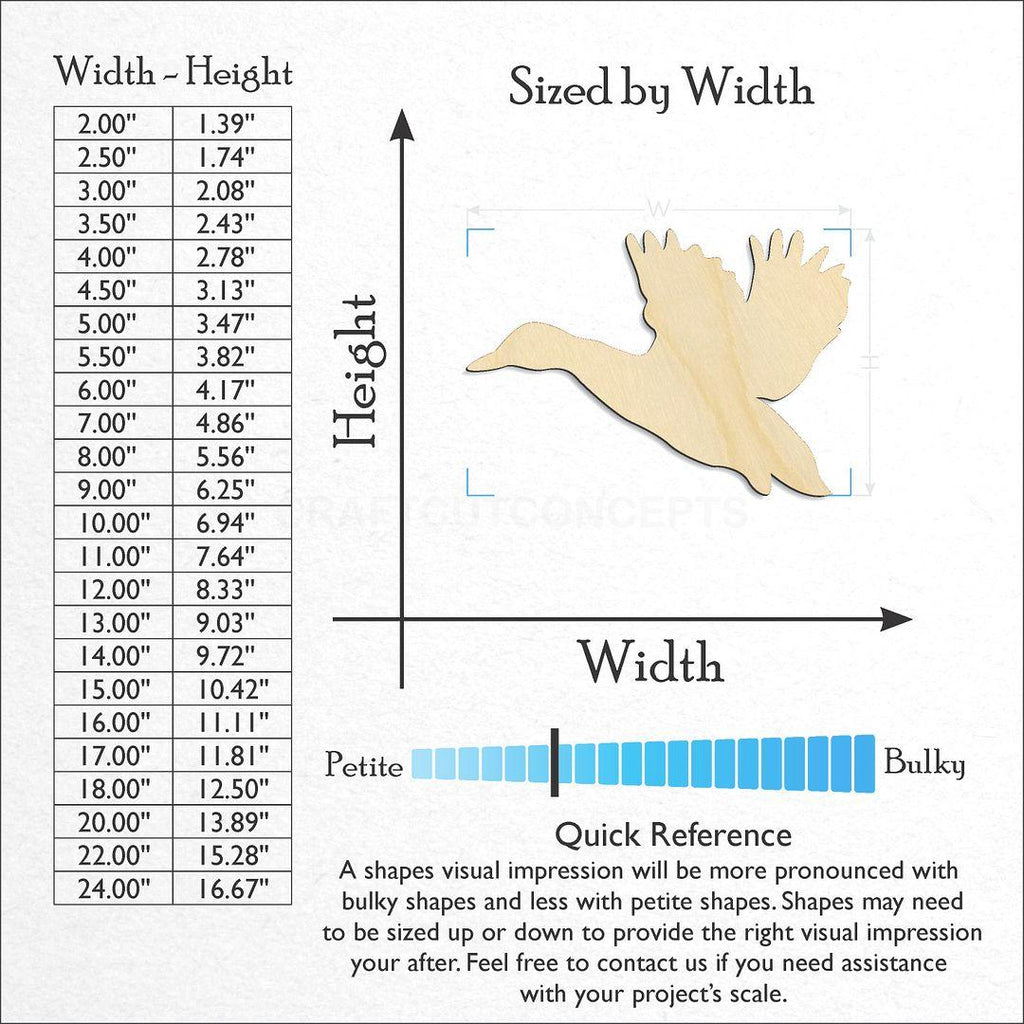 Sizes available for a laser cut Flying Duck craft blank