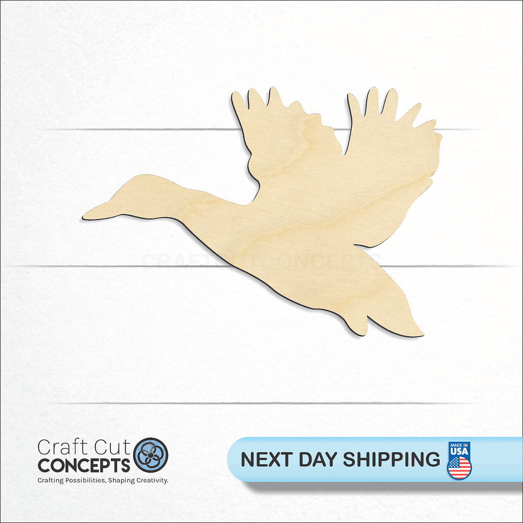 Craft Cut Concepts logo and next day shipping banner with an unfinished wood Flying Duck craft shape and blank