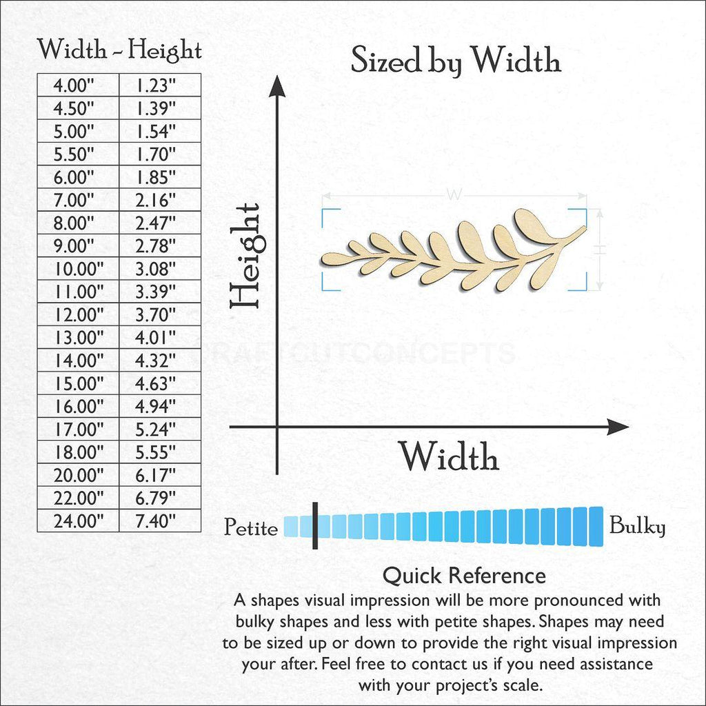 Sizes available for a laser cut Laurel Branch Single Strait craft blank