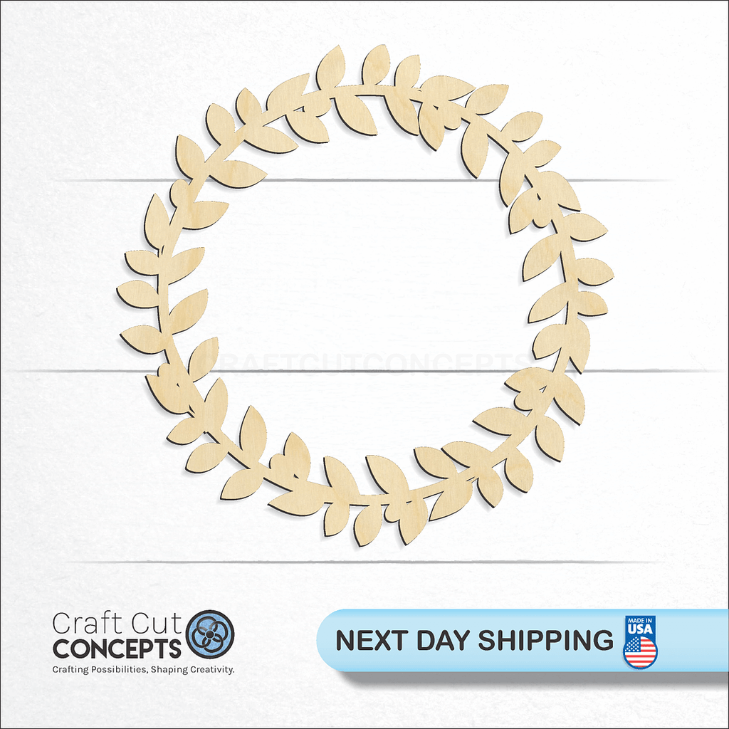 Craft Cut Concepts logo and next day shipping banner with an unfinished wood Laurel Branch Circle craft shape and blank