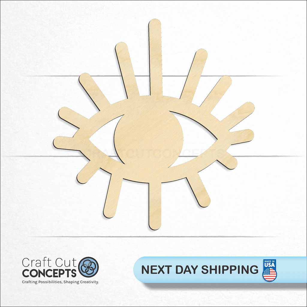 Craft Cut Concepts logo and next day shipping banner with an unfinished wood Evil Eyes craft shape and blank