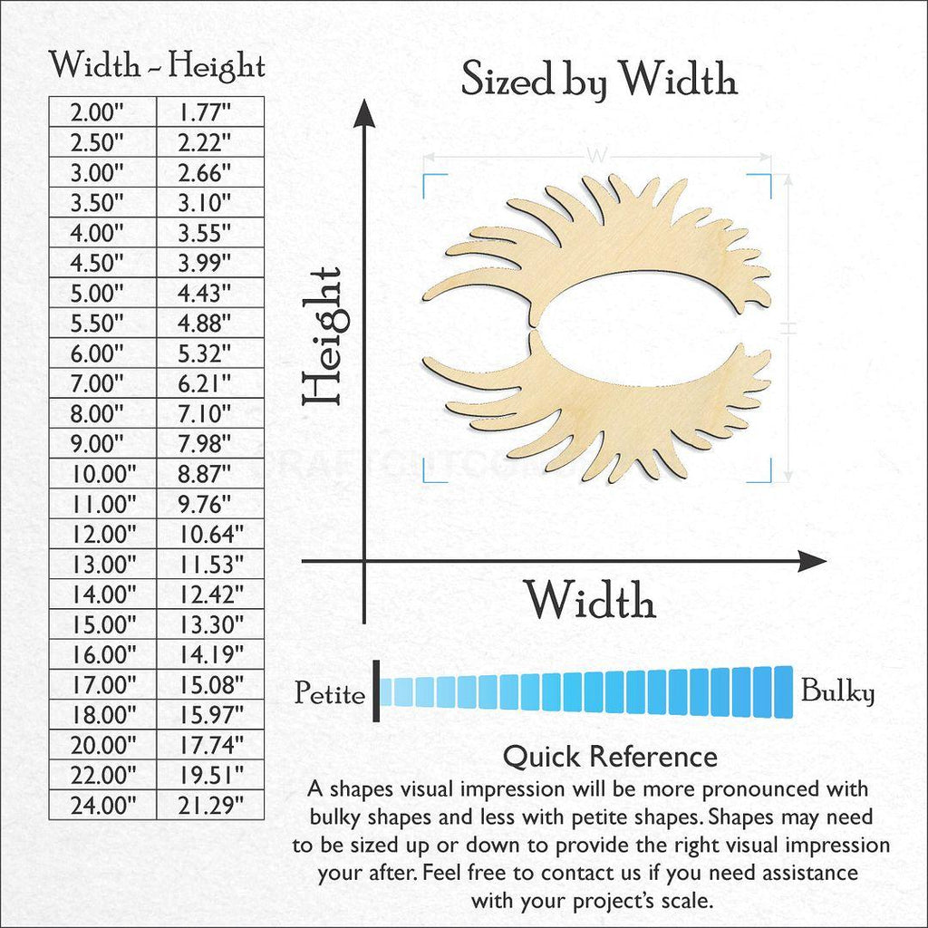 Sizes available for a laser cut Eye Lashes craft blank