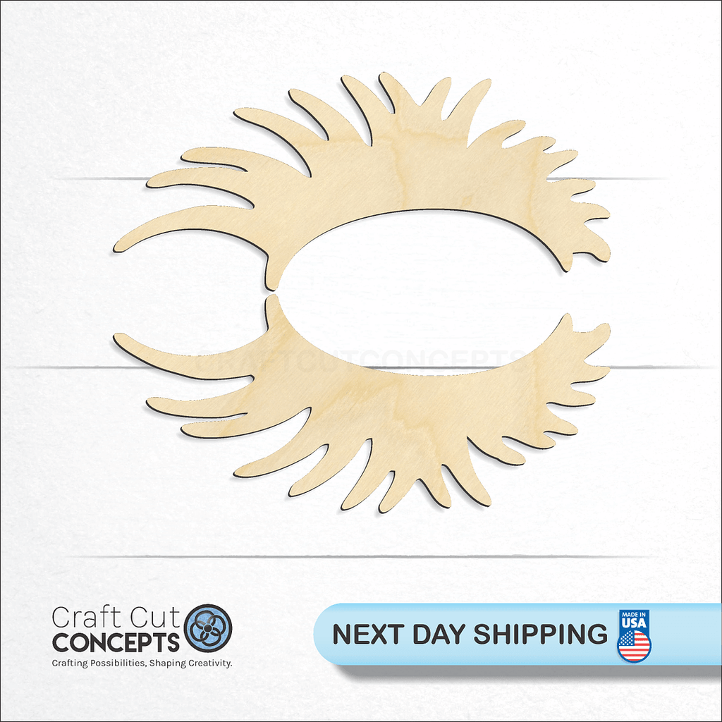 Craft Cut Concepts logo and next day shipping banner with an unfinished wood Eye Lashes craft shape and blank