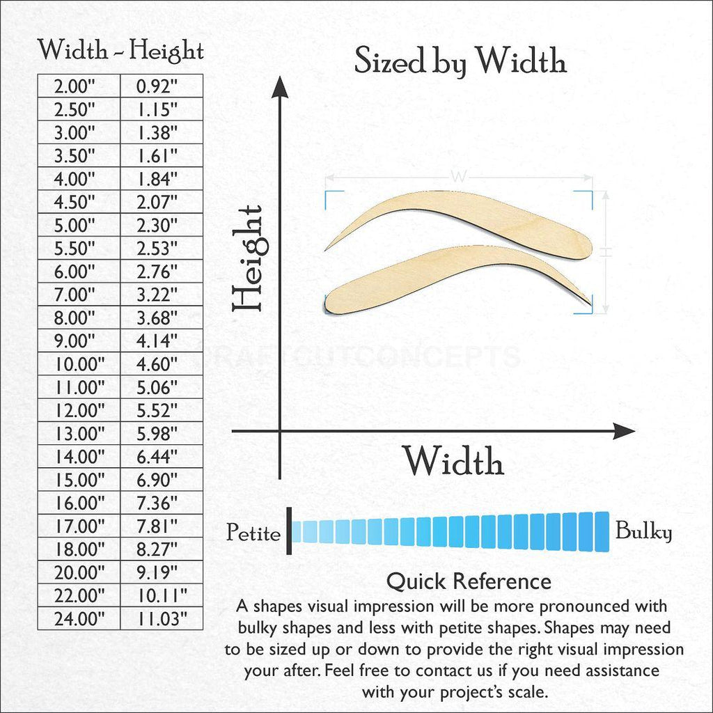 Sizes available for a laser cut Eye Brows craft blank