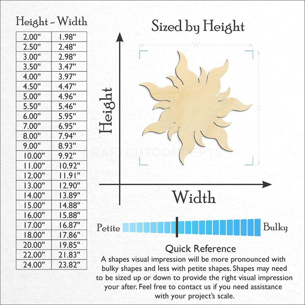 Sizes available for a laser cut Sun craft blank