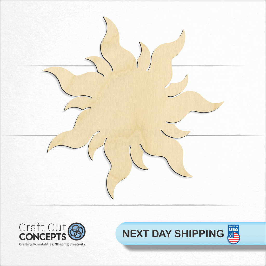 Craft Cut Concepts logo and next day shipping banner with an unfinished wood Sun craft shape and blank