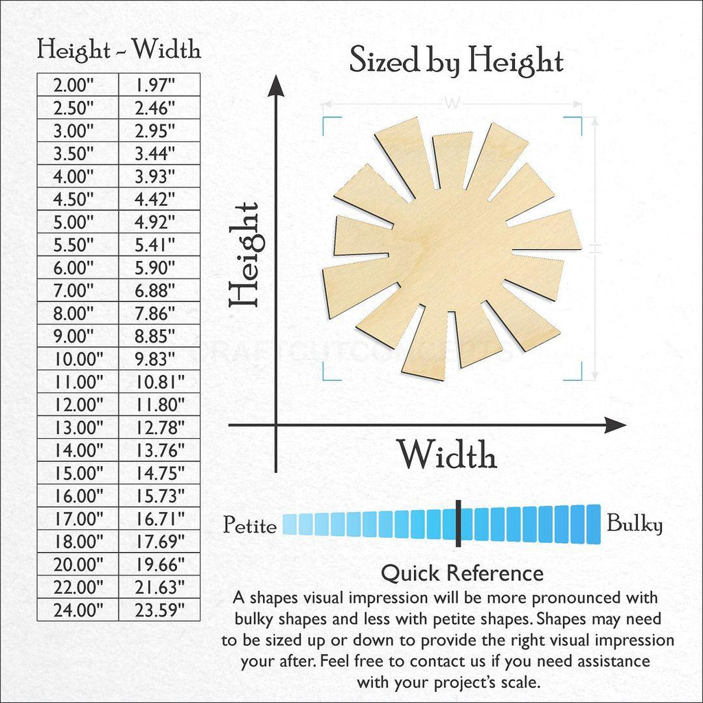 Sizes available for a laser cut Sun craft blank