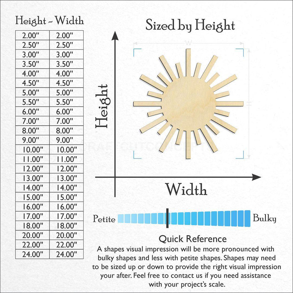 Sizes available for a laser cut Sun craft blank