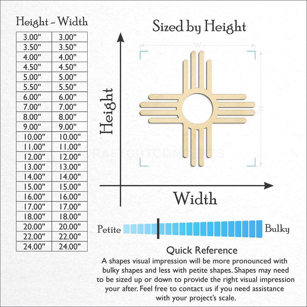 Sizes available for a laser cut Zia Sun craft blank