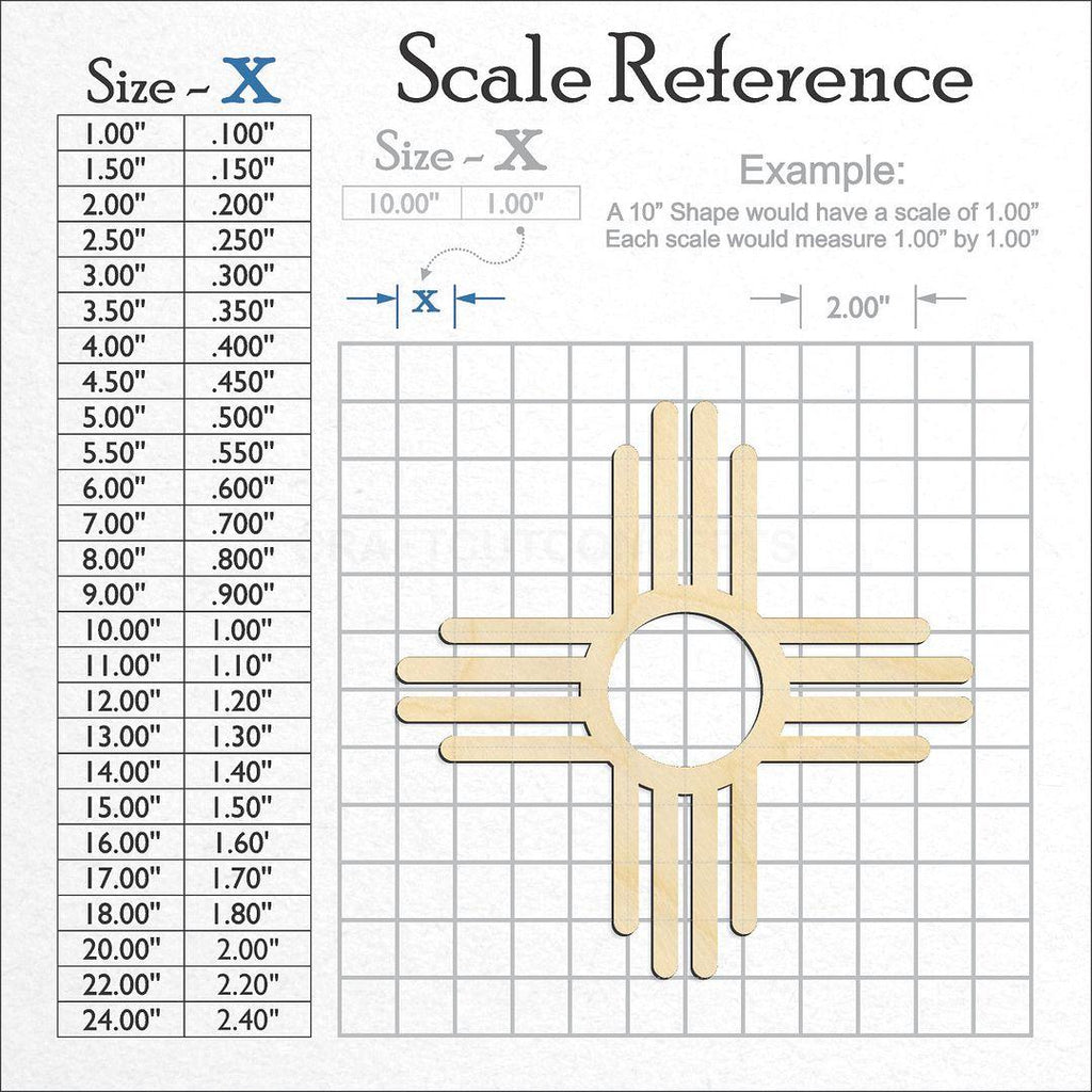A scale and graph image showing a wood Zia Sun craft blank