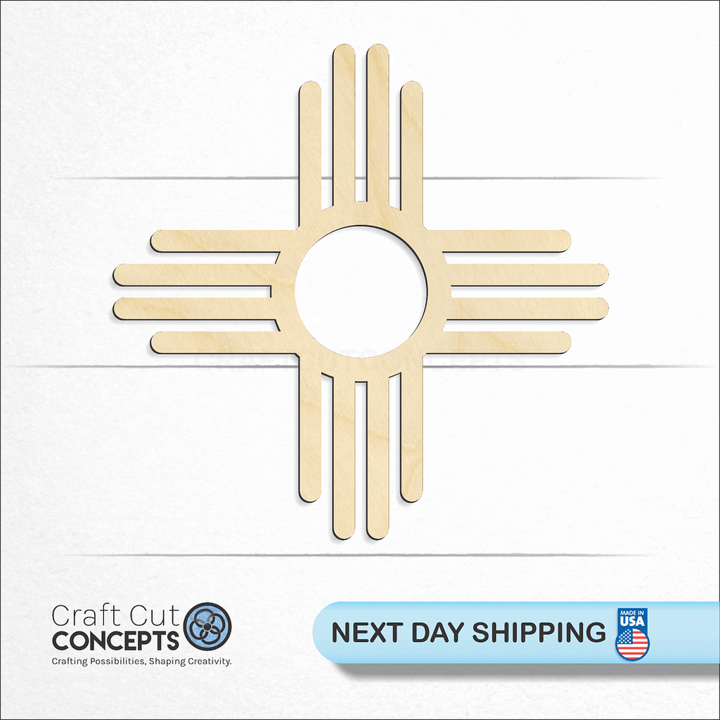 Craft Cut Concepts logo and next day shipping banner with an unfinished wood Zia Sun craft shape and blank
