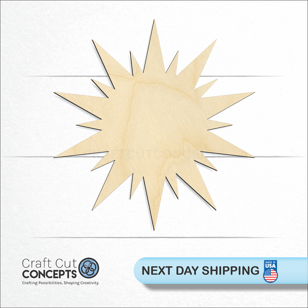 Craft Cut Concepts logo and next day shipping banner with an unfinished wood Spiky Sun craft shape and blank