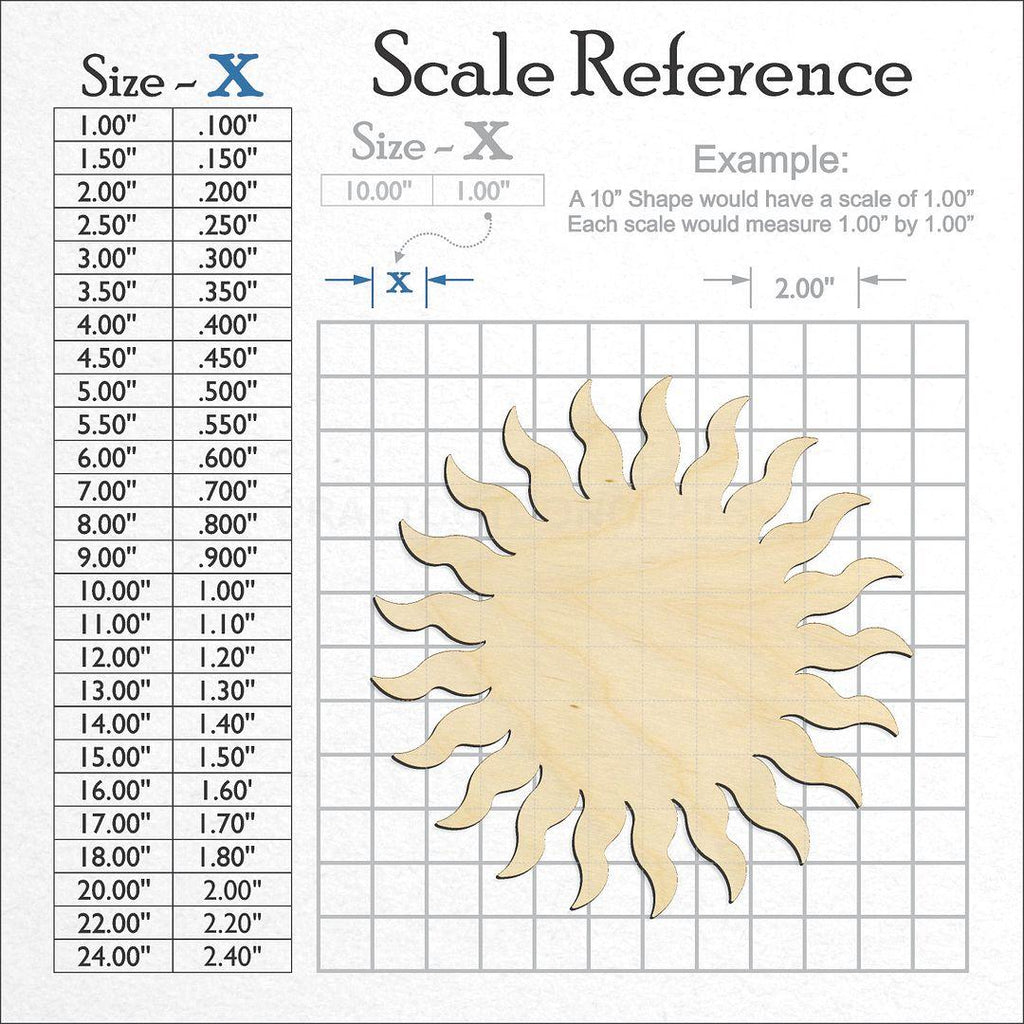 A scale and graph image showing a wood Sun craft blank