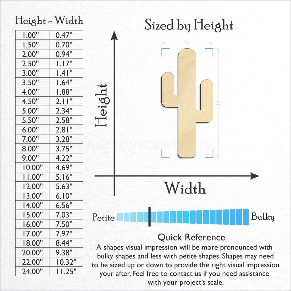 Sizes available for a laser cut Straight Cactus craft blank