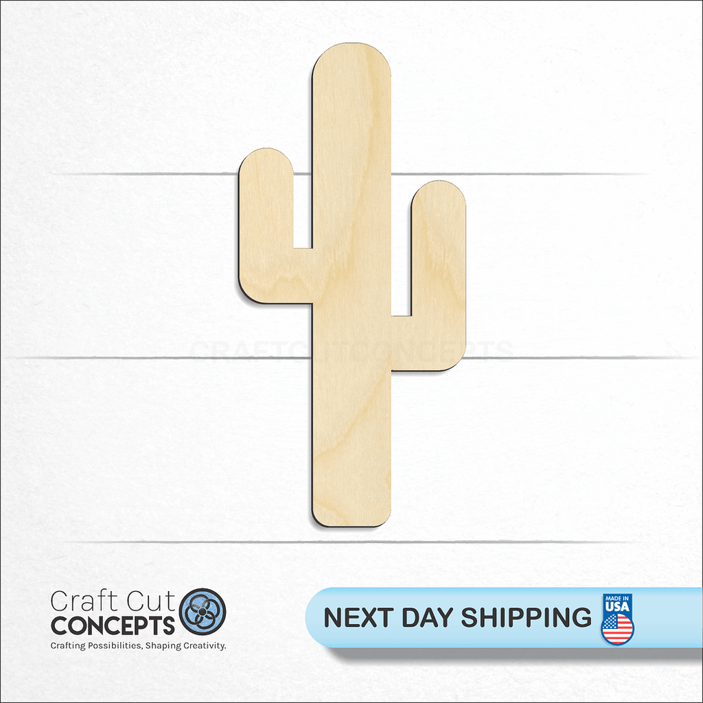 Craft Cut Concepts logo and next day shipping banner with an unfinished wood Straight Cactus craft shape and blank