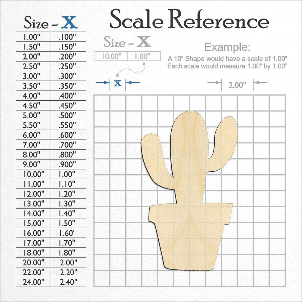 A scale and graph image showing a wood Cactus in Pot craft blank