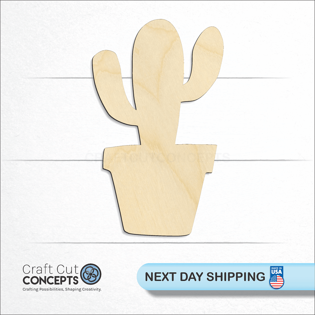 Craft Cut Concepts logo and next day shipping banner with an unfinished wood Cactus in Pot craft shape and blank