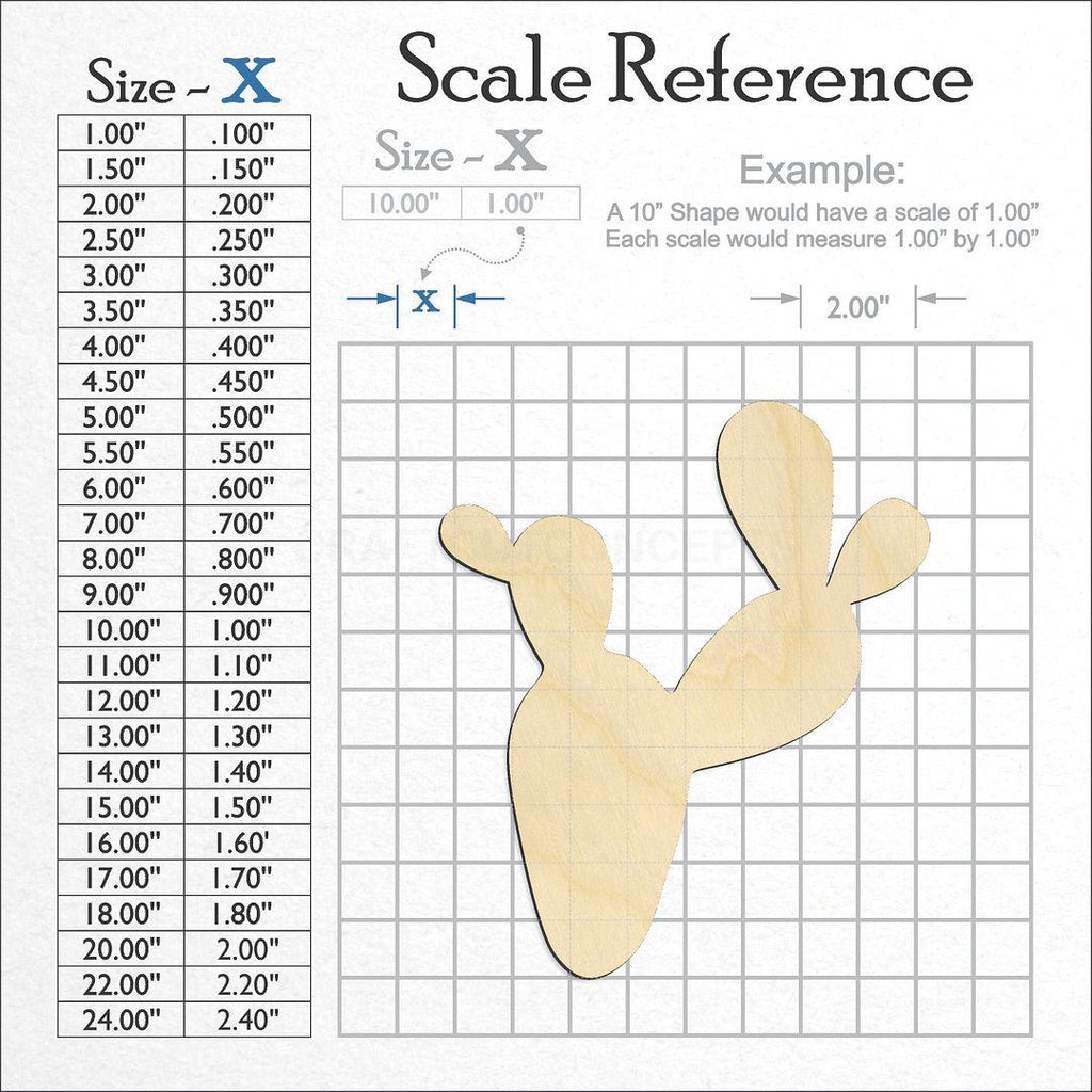 A scale and graph image showing a wood Prickly Pear Cactus craft blank